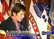 Standing in for President Bush, Allison Barber rehearses soldiers prior to their appearance on TV (Source: ABC News video)