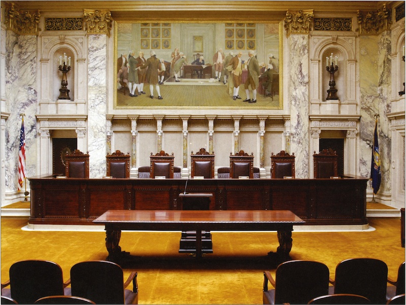 View of the Herter Mural with the Wisconsin Supreme Court Bench in the foreground.