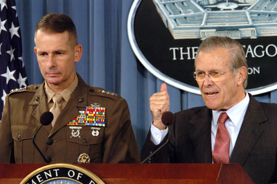 Defense Secretary Rumsfeld (right) with Gen. Peter Pace on Nov. 29, 2005. (DoD Photo by Tech. Sgt. Sean P. Houlihan)