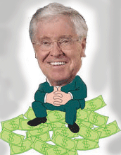 Charles Koch sits on a pile of money