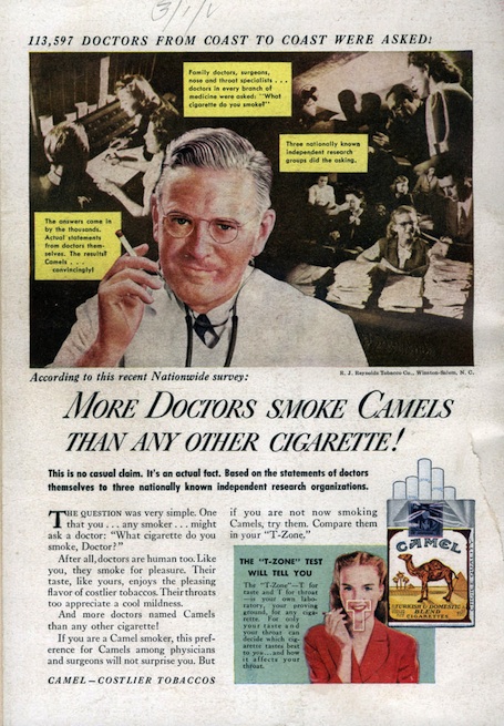 Vintage ad of doctor endorsing Camel cigarettes