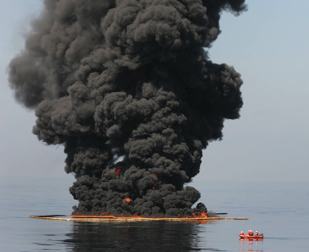 Oil pooled on the surface is burned in the Gulf, polluting the air