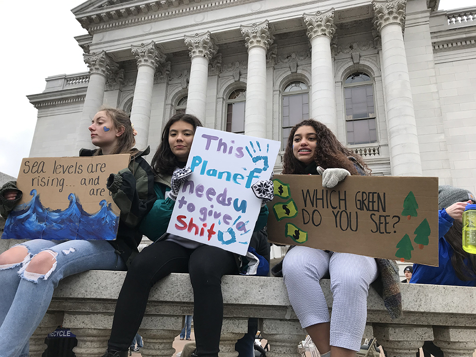 Taking part in the March 15th global protest, thousands of students in Madison, Wisconsin, march on the state Capitol demanding action on climate change.