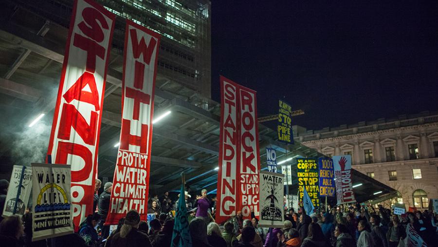 Protesters against the Dakota Access Pipeline and Keystone XL Pipeline demonstrate outside the San Francisco Federal Building. (Source: Wikimedia Commons, January 26, 2017)