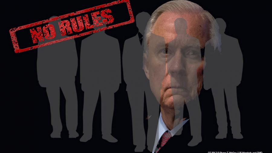 Sessions behind businessmen "No Rules"