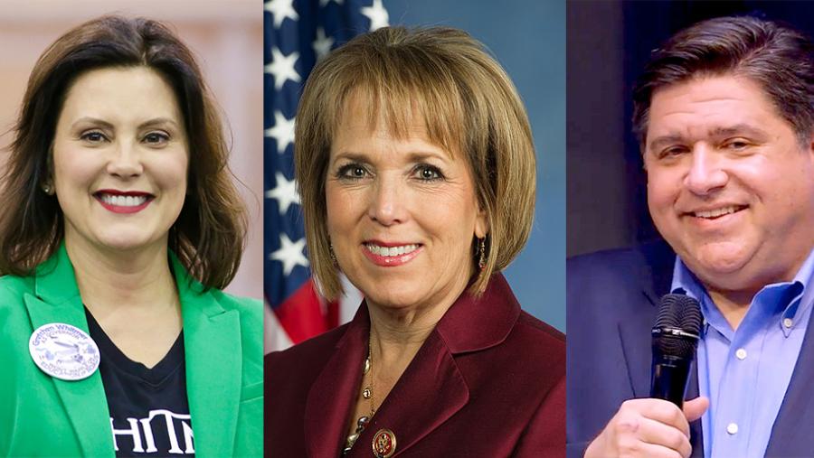 (L-R) Gretchen Whitmer (governor of Michigan), Lujan Grisham (governor of New Mexico), J.B. Pritzker (governor of Illinois)