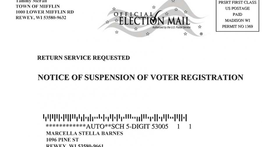 Wisconsin suspension of voter registration postcard